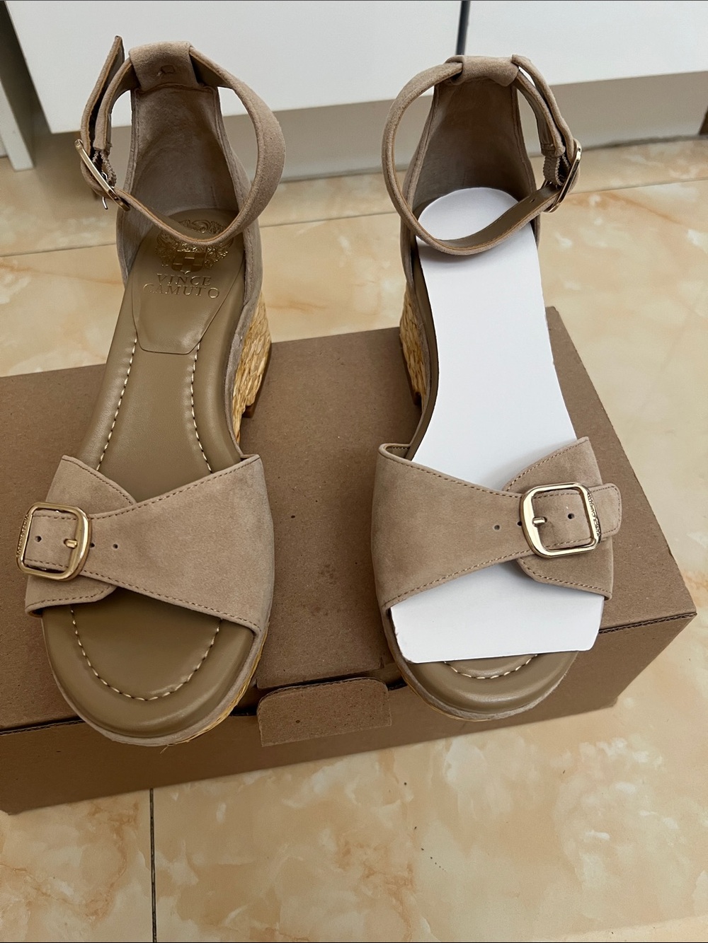 Vince Camuto Taupe Suede Ankle-Strap Wedge Sandals